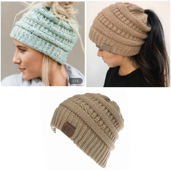 C.C Accessories - Messy Bun Beanie Hat With Bun/Ponytail Hole At Top OSFA TAN BEIGE
